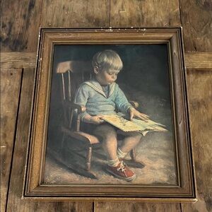 Vintage Boy Reading a Book in Rocking Chair J Ingwersen lithograph
